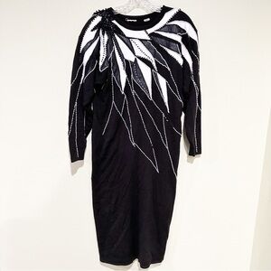Vintage 80's Hand Beaded Black Long Sleeve Dress Size Medium Shoulder Pads